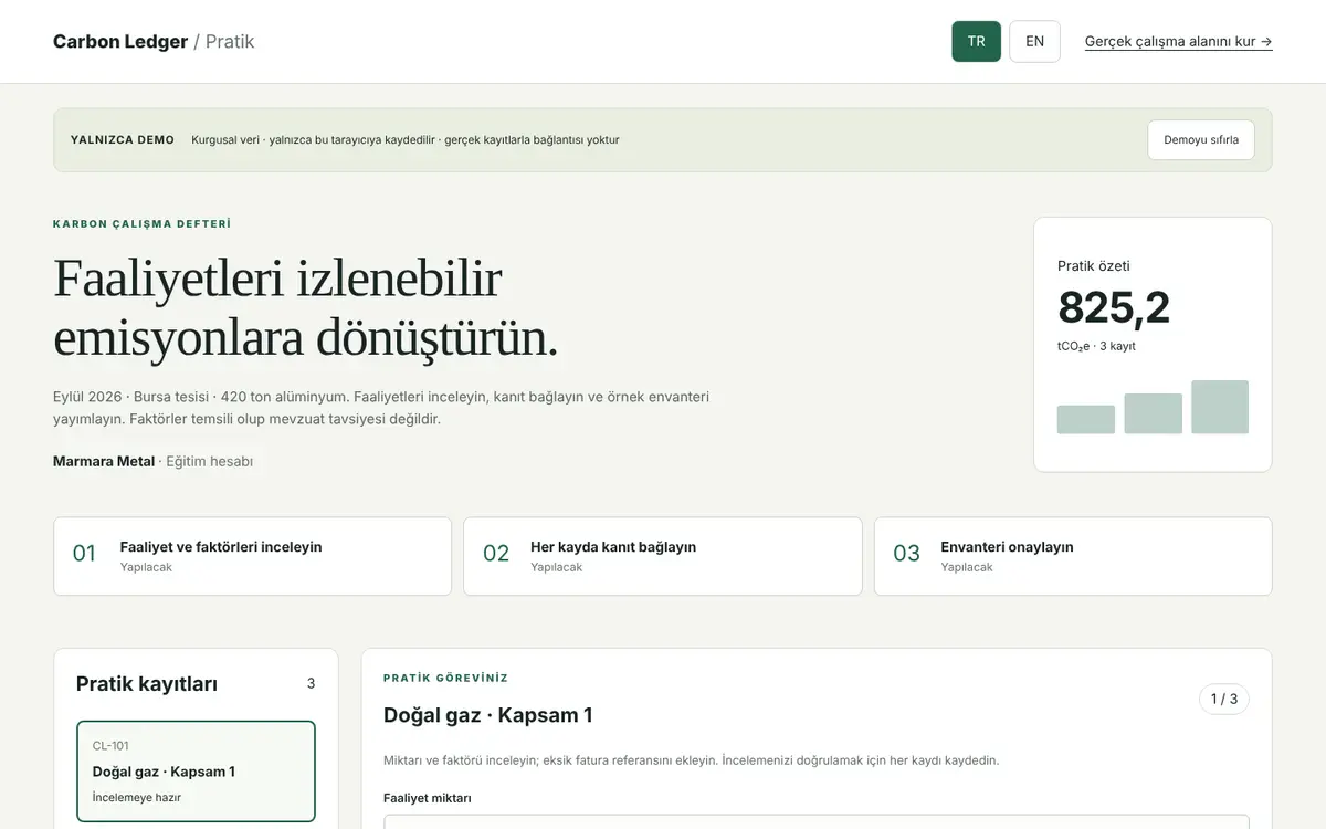 Carbon Ledger etkileşimli demosu, kurgusal veriyle