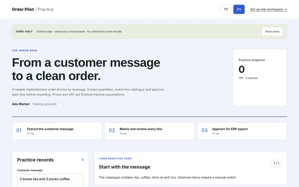 Order Pilot interactive demo with fictional data