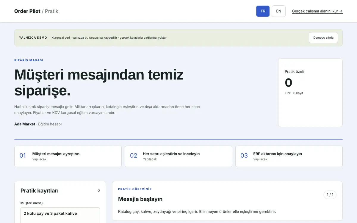Order Pilot etkileşimli demosu, kurgusal veriyle